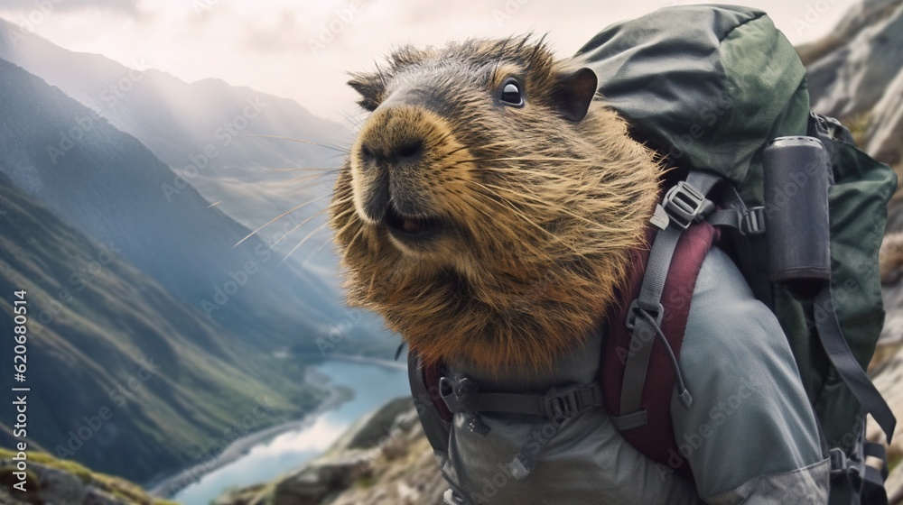  a groundhog with a backpack on its back is standing on a mountain top with a view of a valley and m