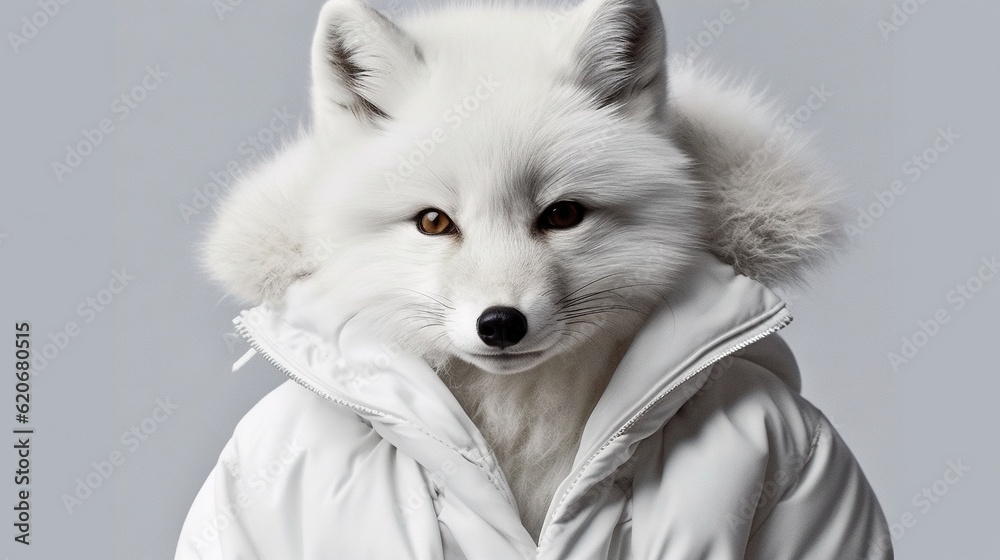  a white fox wearing a white jacket with a fur collar and a hood on its head, with eyes wide open, 