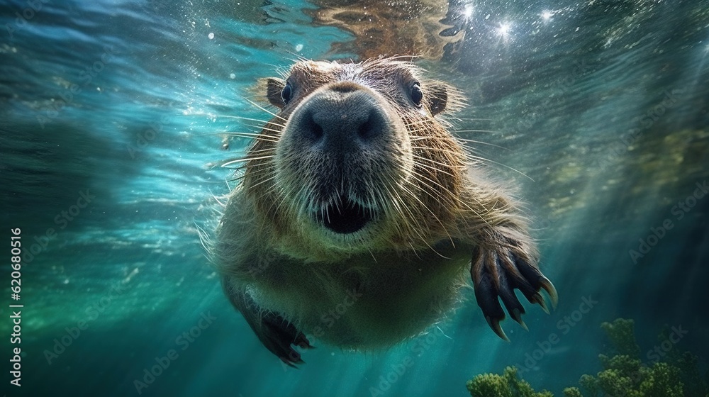  a close up of a sea otter swimming in the water with its mouth open and its head above the waters