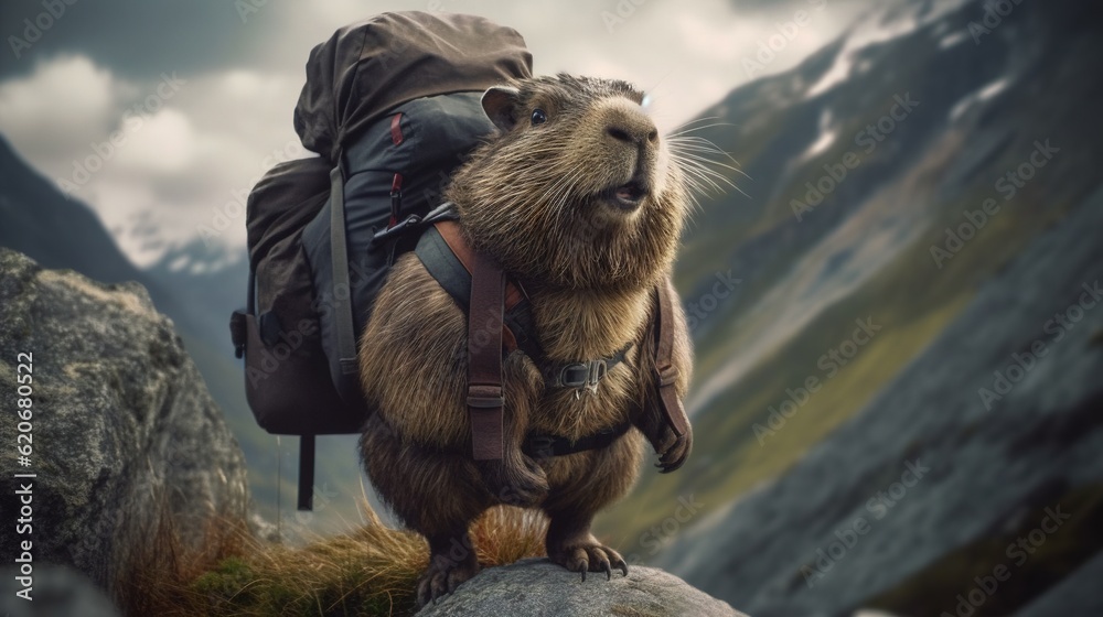  a groundhog with a backpack on top of its back standing on a rock in the mountains with a backpack