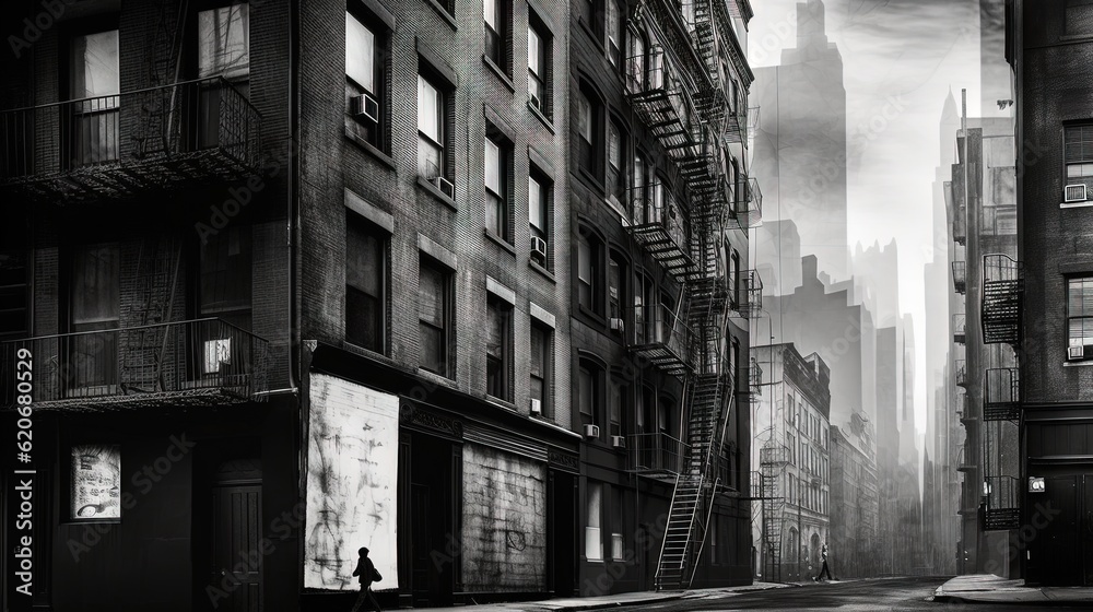  a man walking down a street next to tall buildings in a city with a fire escape on the side of the 