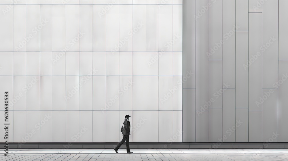  a man in a suit and hat walking in front of a tall white building with a large window on the side o