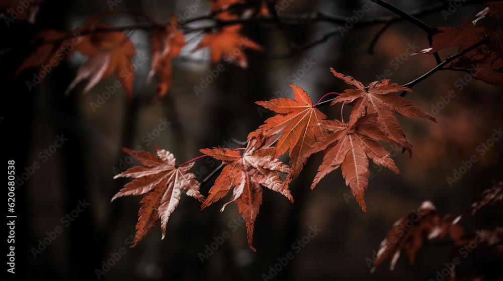  a branch with red leaves on it in the dark forest with a blurry background of trees in the backgrou