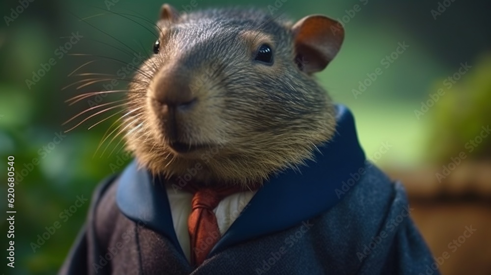  a rodent dressed in a suit and tie with a hoodie over its head and a green bush in the back ground