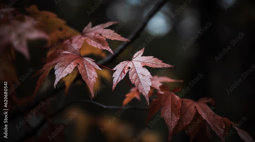  a branch with red leaves on it in the dark forest with a blurry background of trees in the backgrou