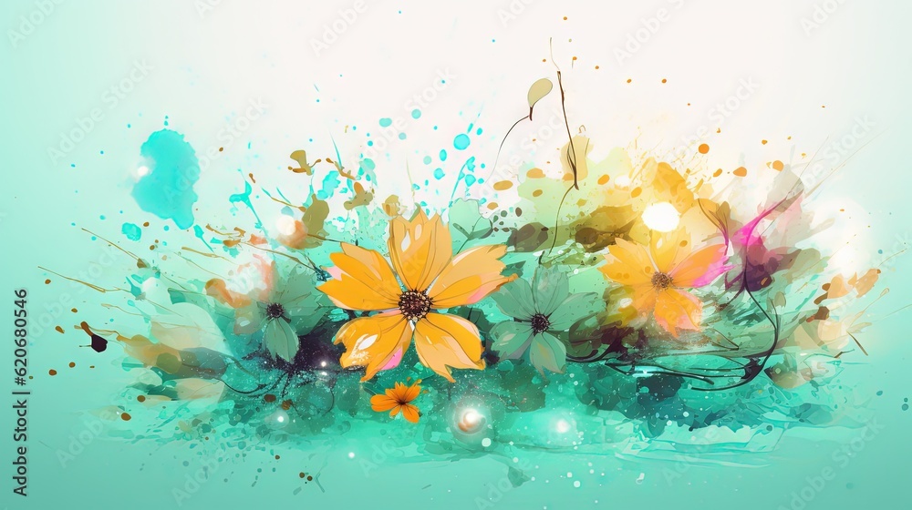  a painting of yellow flowers on a blue background with splashes of paint on the bottom of the image