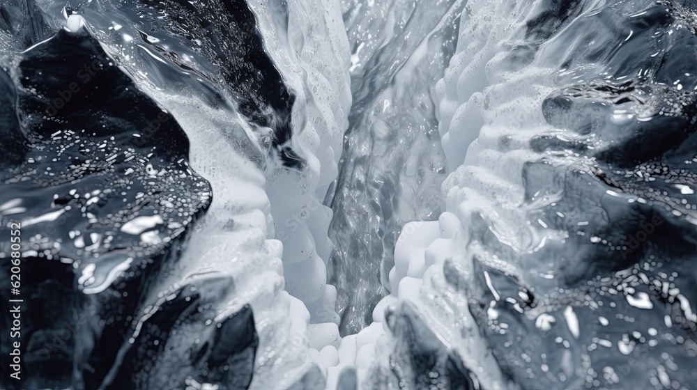  a black and white photo of water and ice in a stream of water that is flowing down the side of a mo