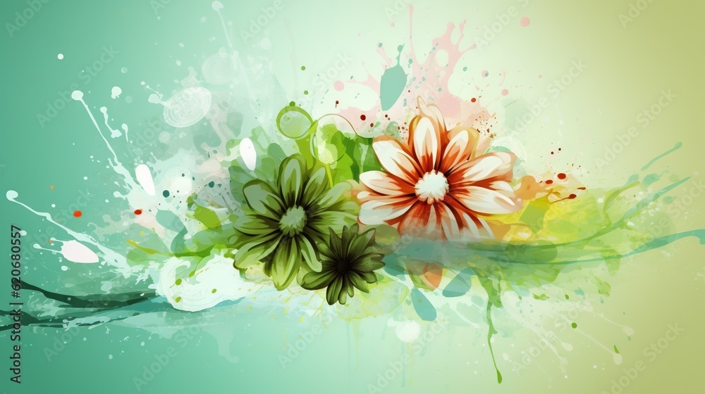  a painting of a flower on a green and white background with splashes of paint on the bottom of the 