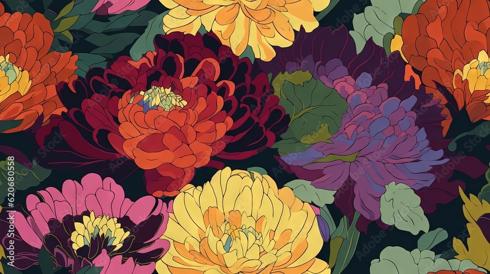  a bunch of flowers that are on a black background with a red, yellow, purple, and green flower patt