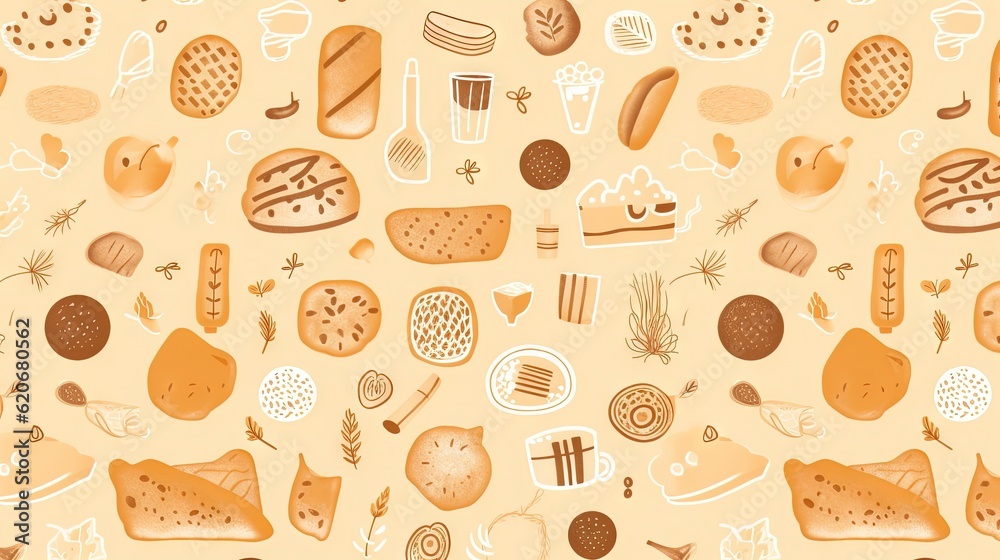  a lot of different types of food on a yellow background with a pattern of breads and other food ite