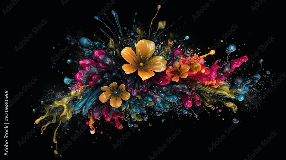  an artistic painting of flowers and splashes of paint on a black background with a black background