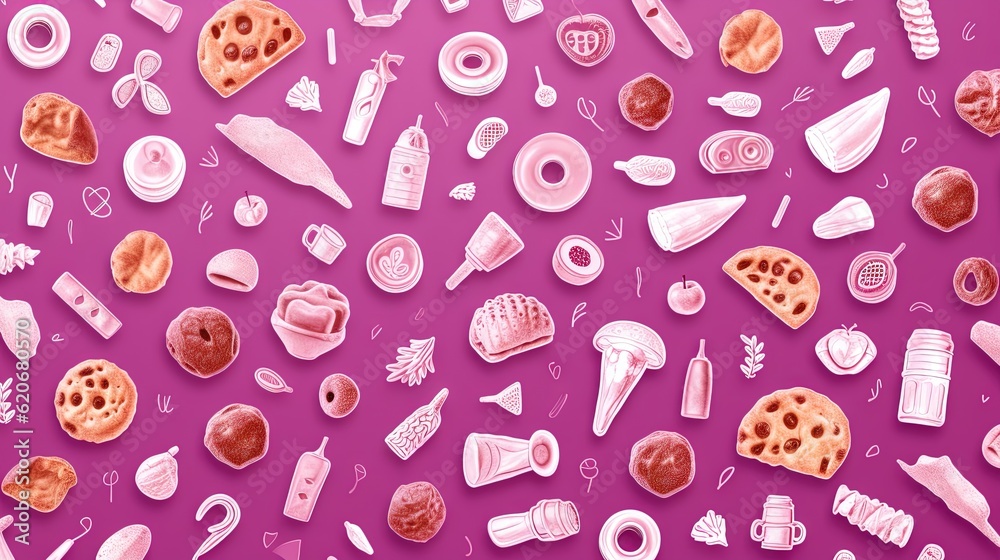  a bunch of different types of food on a purple background with a pink background and a pink backgro