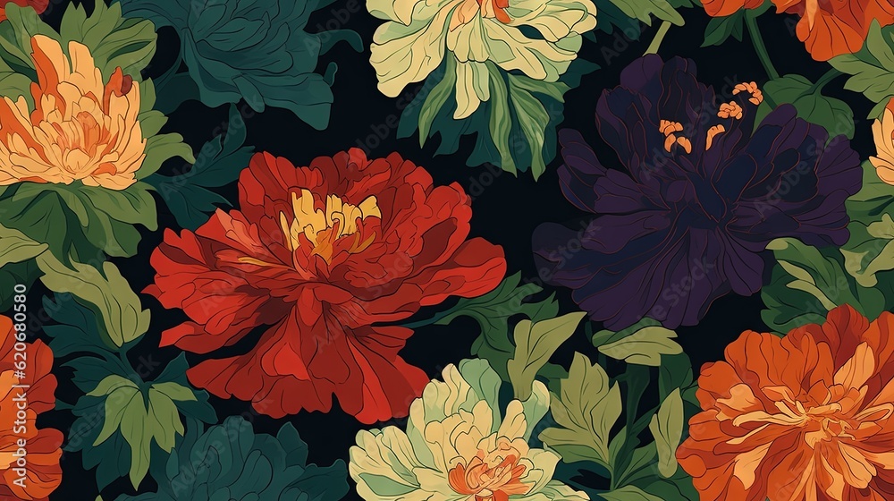  a bunch of flowers that are on a black background with green and orange leaves and flowers on the b