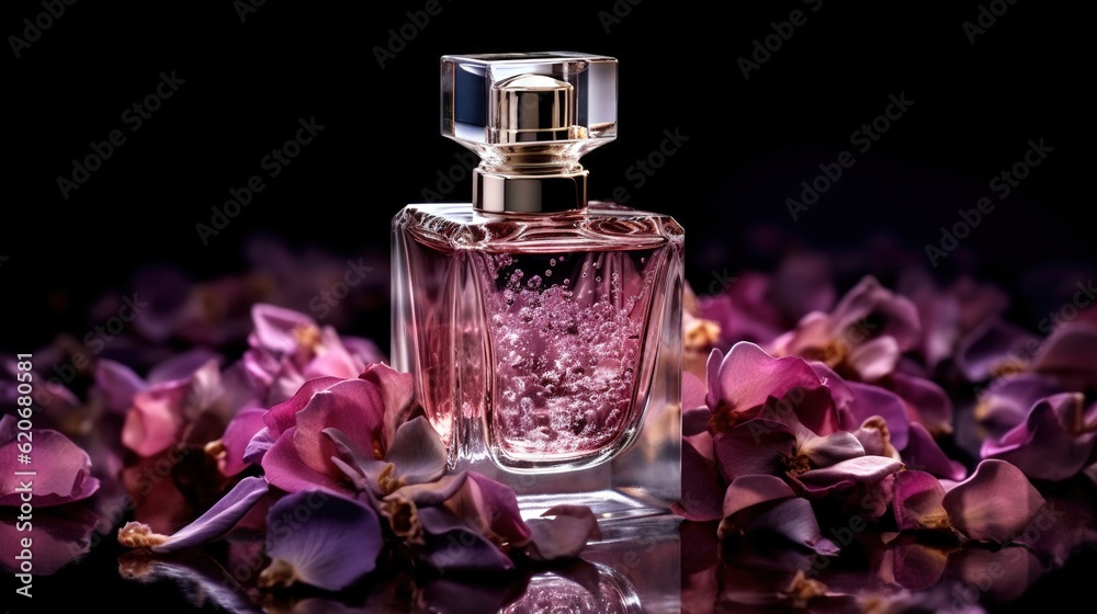  a bottle of perfume sitting on top of a table next to purple flowers and a black background with a 