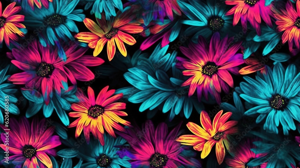  a bunch of colorful flowers that are on a black background with blue and pink flowers in the middle