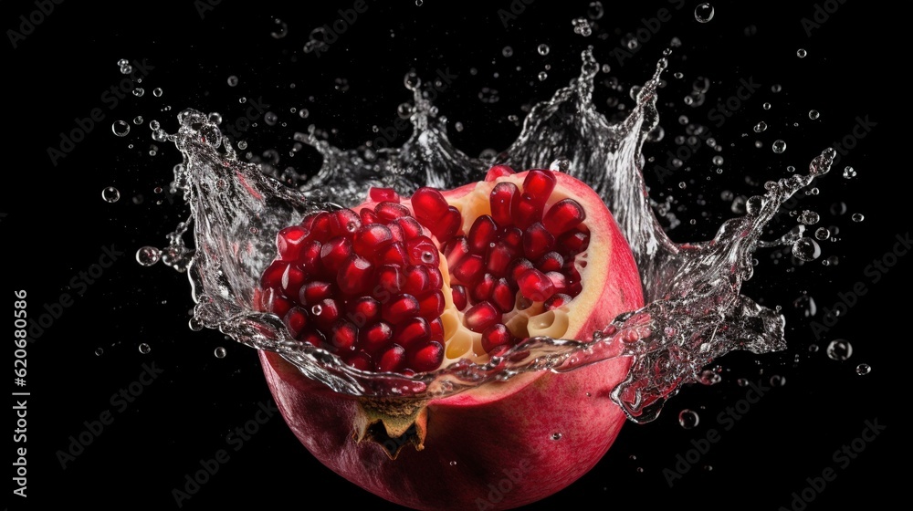  a pomegranate is splashing into the water on a black background with a splash of water on the top o