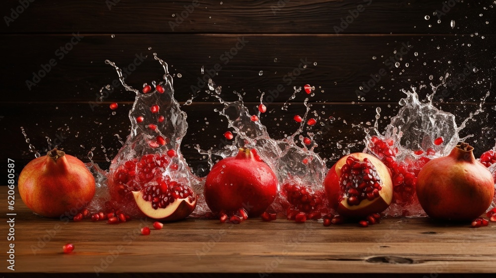  a group of pomegranates with water splashing out of them on a wooden table with a black background 