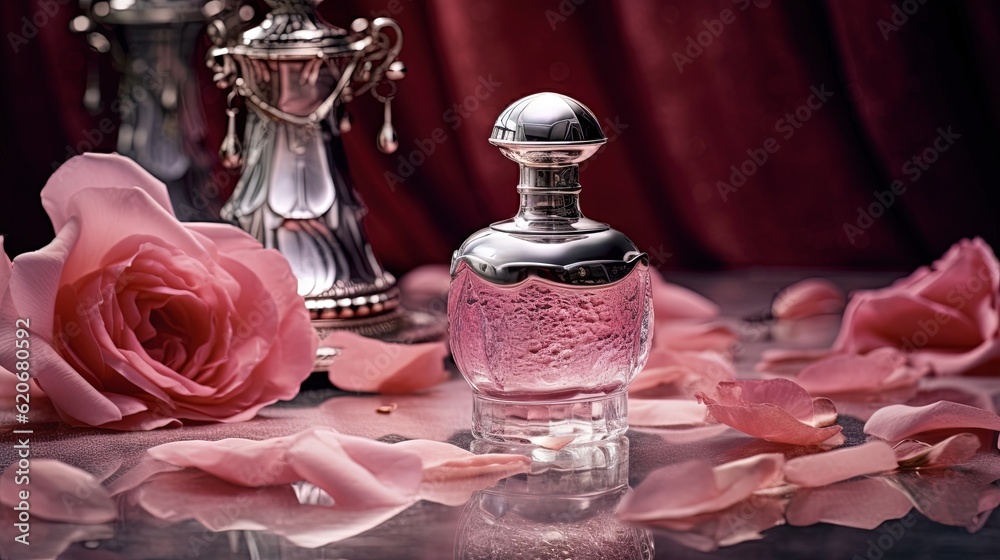  a bottle of perfume sitting on a table next to a rose and a silver vase with a rose in it on a tabl