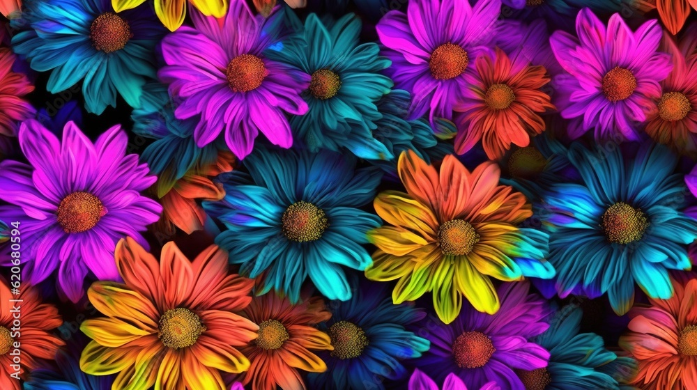  a bunch of colorful flowers that are on a wallpaper background with a black background and a red, y