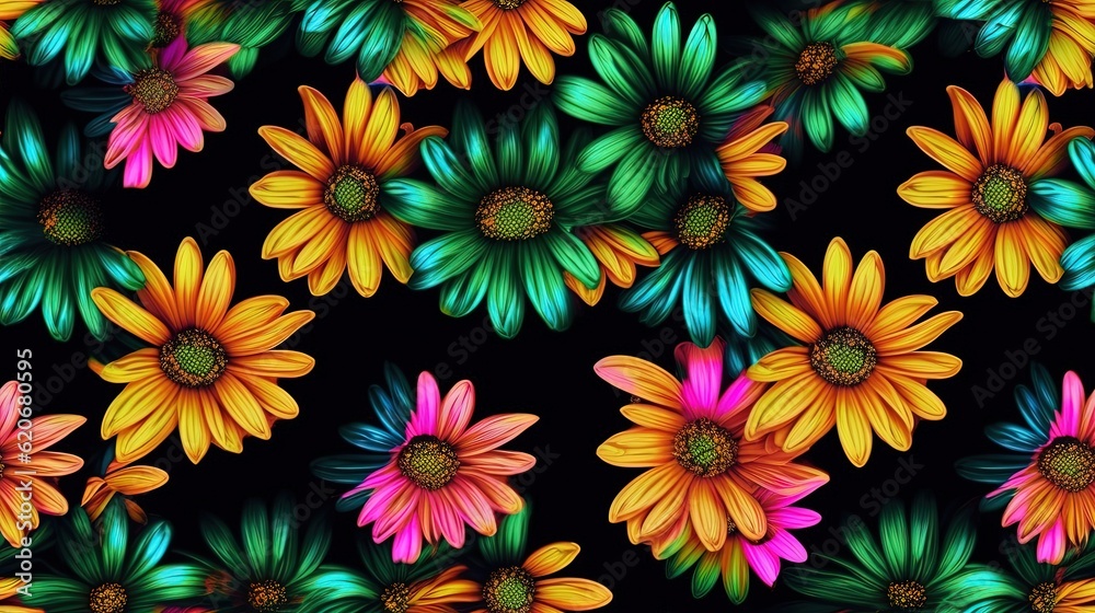  a bunch of flowers that are on a black background with green and yellow flowers in the middle of th