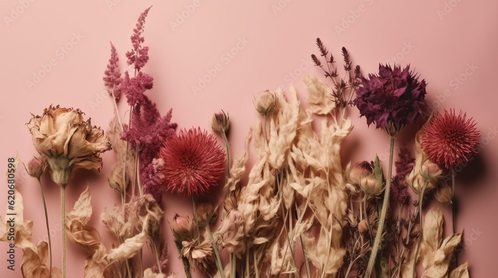  dried flowers against a pink background with a pink wall in the backround of the photo, with a pink