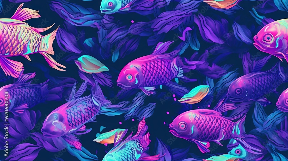  a group of colorful fish swimming in a pond of blue and purple water with plants and rocks in the b