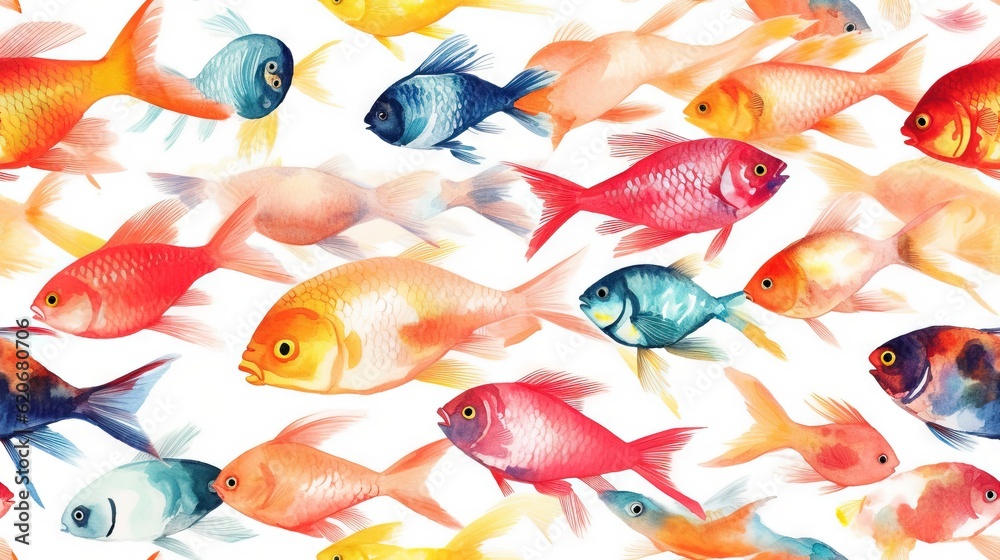  a group of colorful fish swimming next to each other on a white surface with a blue, yellow, red, a