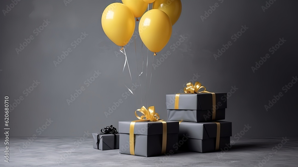  a bunch of presents with balloons and a gift box with a bow and a ribbon tied around the gift box w