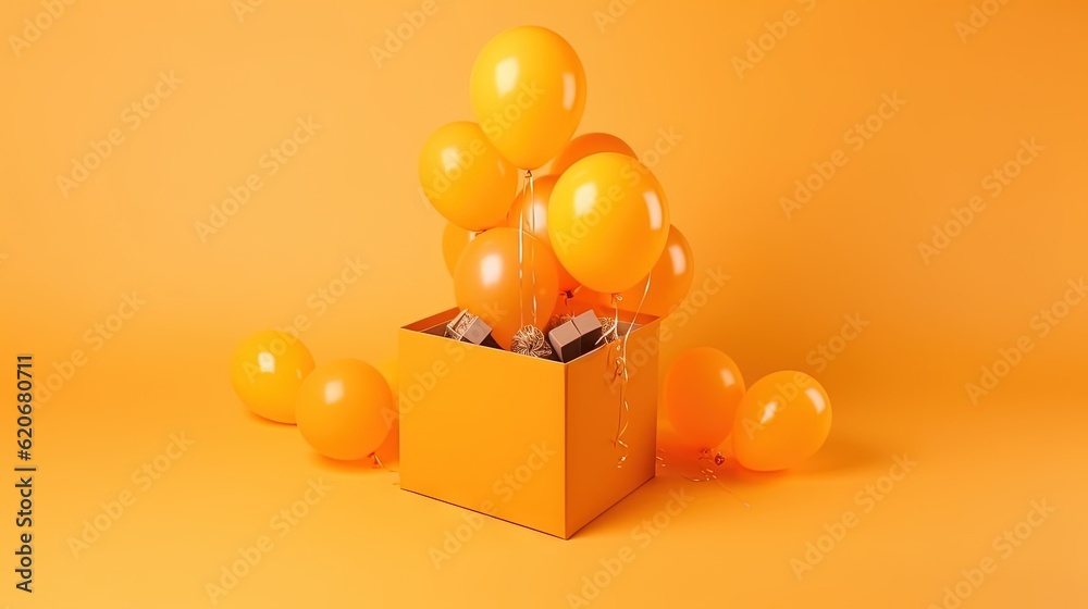  a box filled with yellow balloons on top of a yellow table cloth covered floor with a bunch of oran