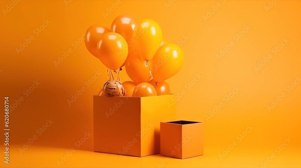  a bunch of balloons in a box on a yellow background with a box of balloons in the middle of the box