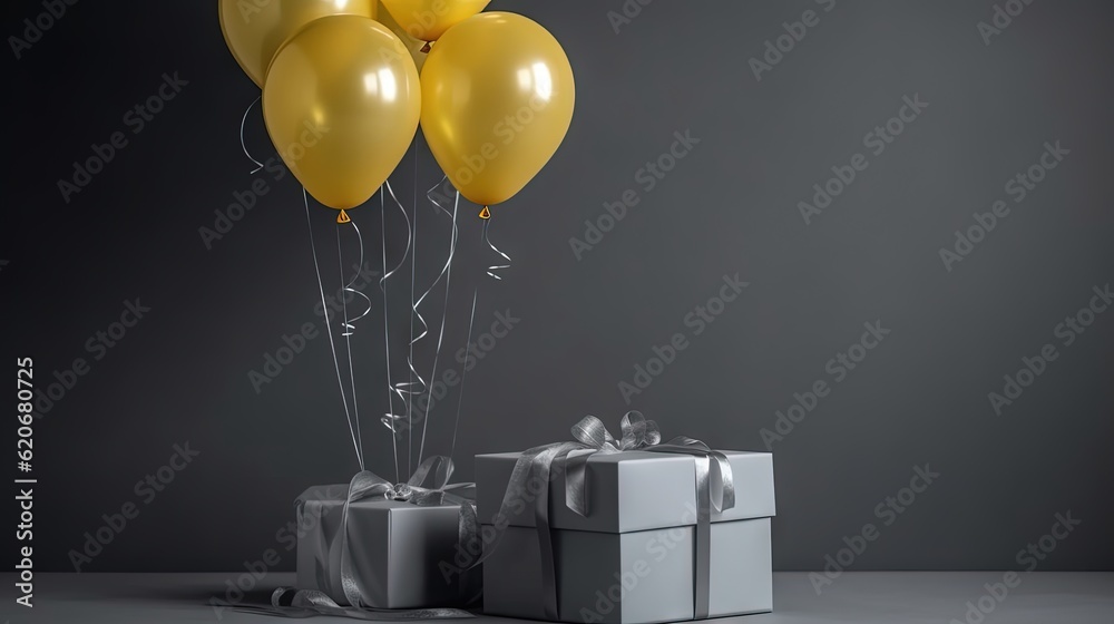  a present box and balloons are on a table next to a present box with a ribbon and a bow on the top 