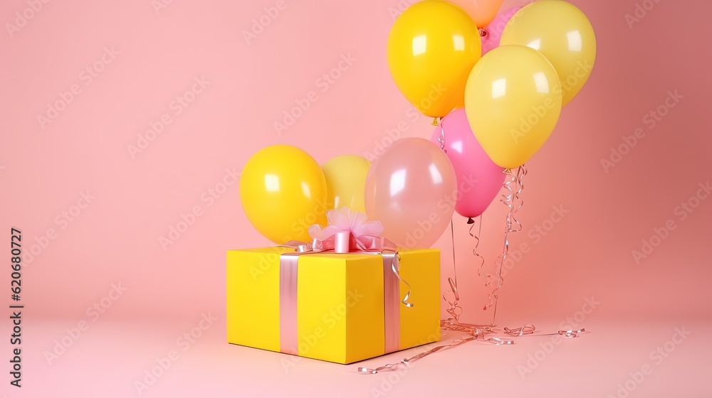  a present box with balloons and streamers on a pink background with a pink bow and a pink backgroun