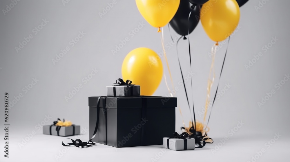  a black present box with yellow balloons and a black box with a black bow and a black ribbon and a 