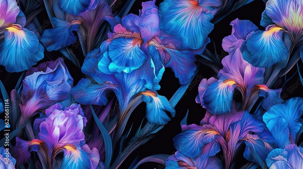  a bunch of purple and blue flowers on a black background with a red center in the middle of the flo