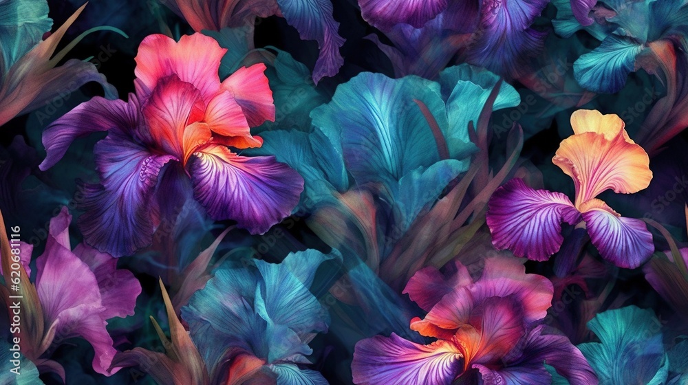  a close up of a bunch of flowers with leaves on its sides and a blue and orange flower on the othe