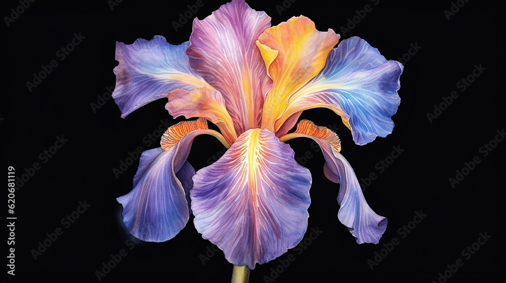  a purple and yellow iris flower on a black background with a green stem in the center of the flower