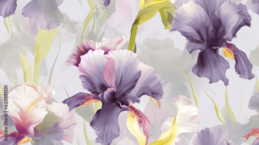  a picture of a bunch of flowers on a wallpaper pattern with purple and yellow flowers on a light bl