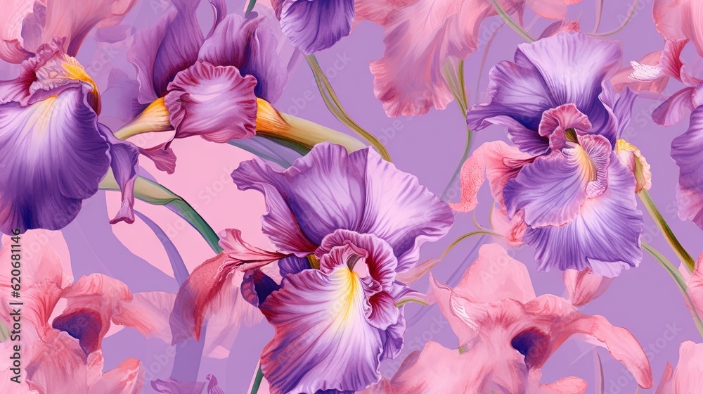  a painting of purple and pink flowers on a purple background with a yellow center in the middle of 