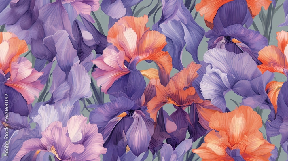  a bunch of purple and orange flowers on a green background with a gray background and a light blue 