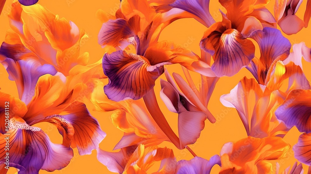  a bunch of flowers that are on a yellow background with purple and orange flowers in the middle of 