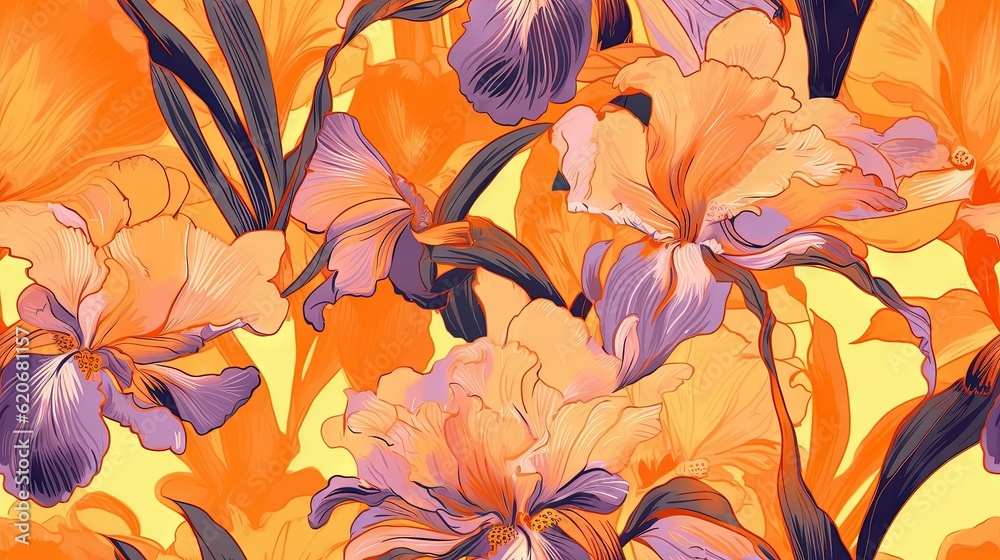  a bunch of orange and purple flowers on a yellow background with blue and purple leaves on the peta