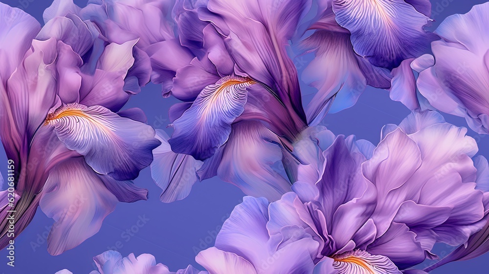  a bunch of purple flowers on a blue background with a white center and a yellow center in the middl