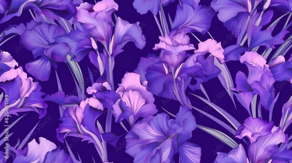  a bunch of purple flowers on a purple background with green stems and stems in the center of the pi