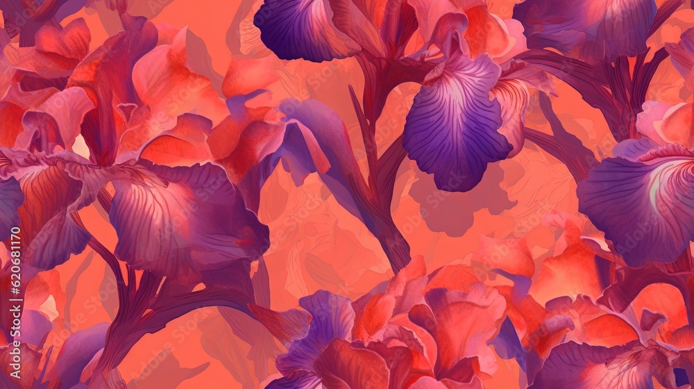  a painting of purple and red flowers on a pink background with a red background and a pink backgrou