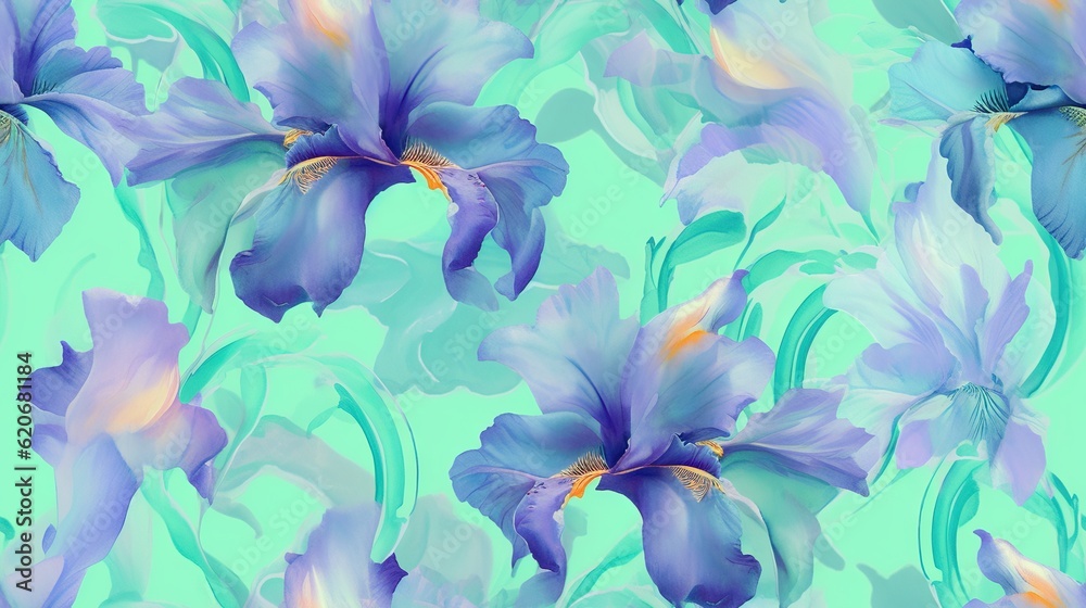  a blue flower with green leaves on a blue background with a yellow center and a yellow center in th