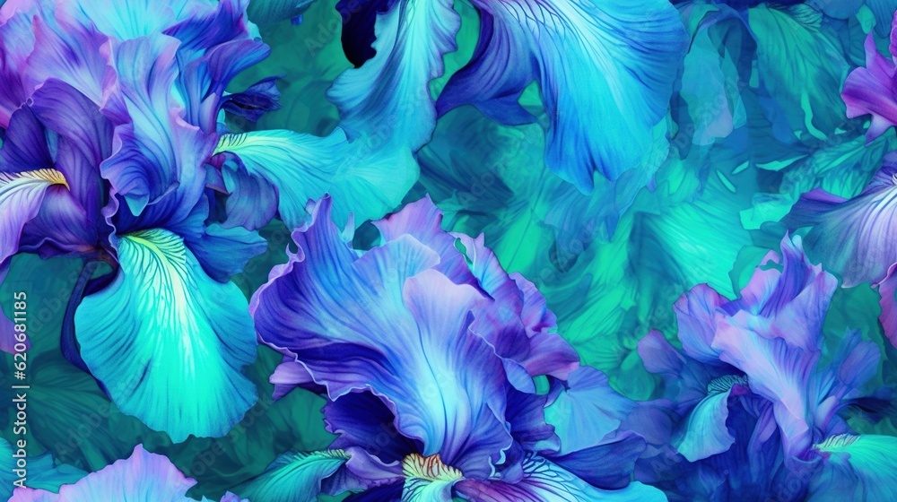  a bunch of purple and blue flowers on a green and blue background with a yellow center in the middl