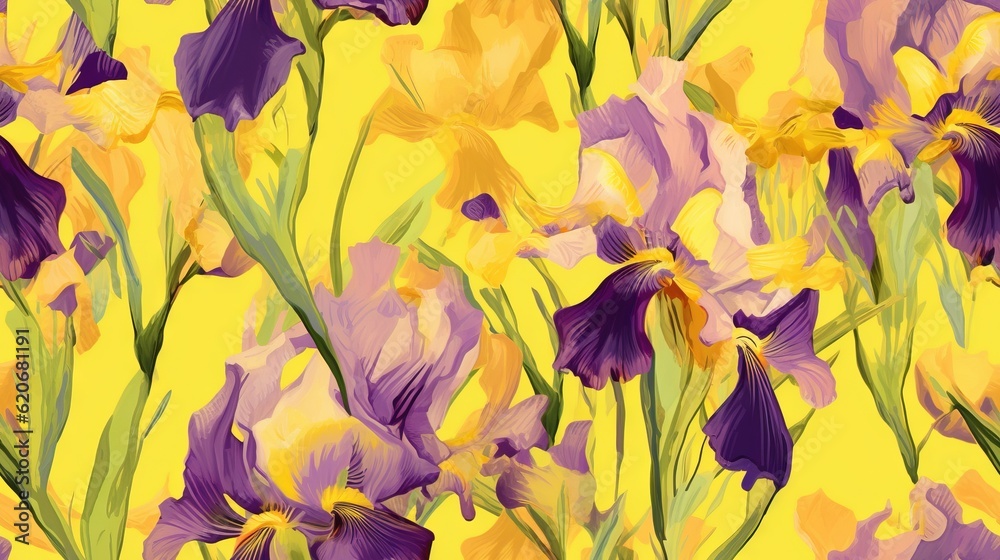  a painting of purple and yellow flowers on a yellow background with green leaves and stems in the c