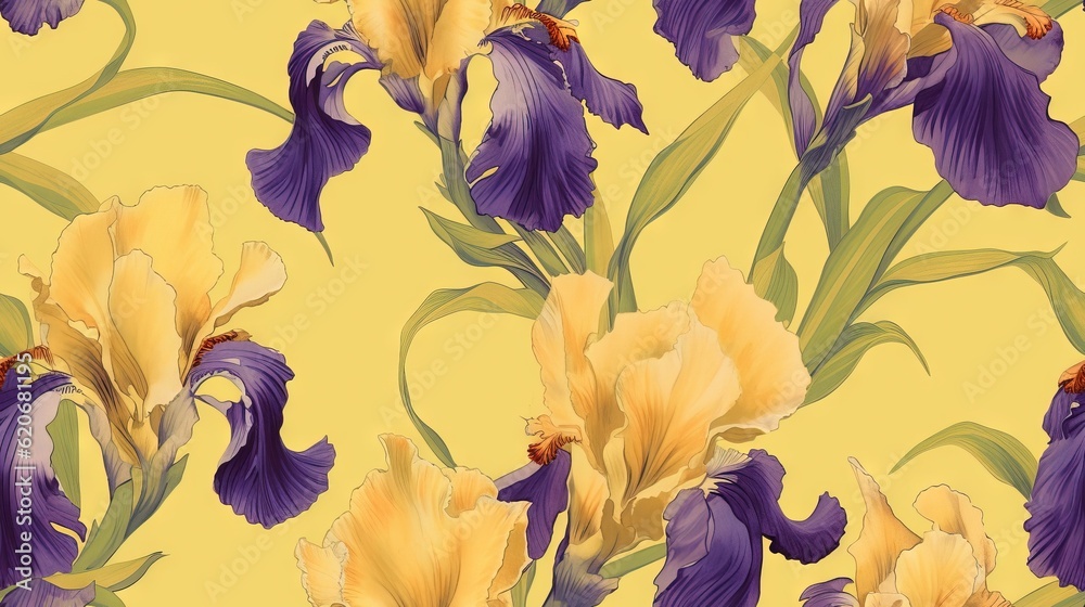  a yellow and purple flower pattern on a yellow background with green leaves and stems in the center