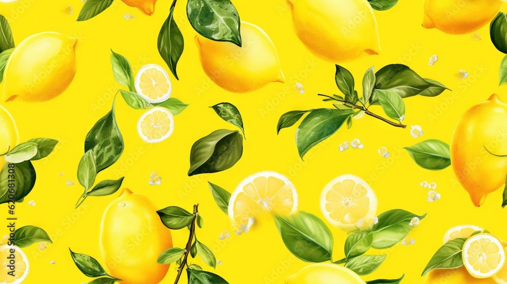  a painting of lemons and leaves on a yellow background with drops of water on the leaves and on the