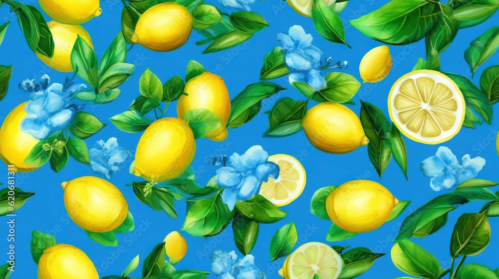  a painting of lemons and blue flowers on a blue background with green leaves and blue flowers on a 